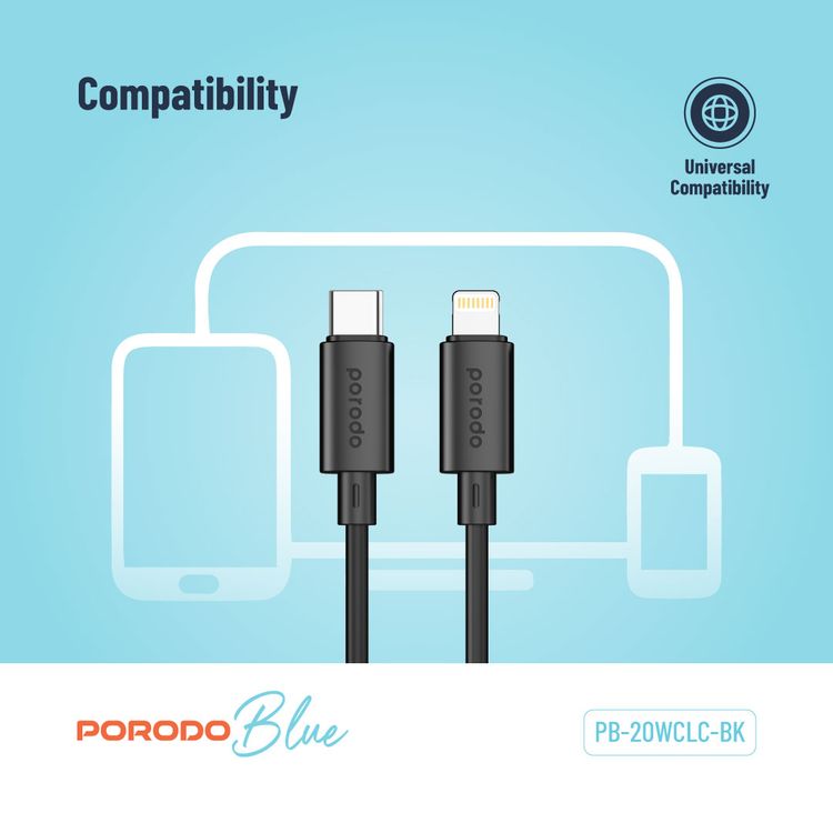 Porodo USB-C To Lightning Cable with Universal Compatibility, Fast Charging & Data Transfer, Flexible Material, 1.2m Cable Length - Black