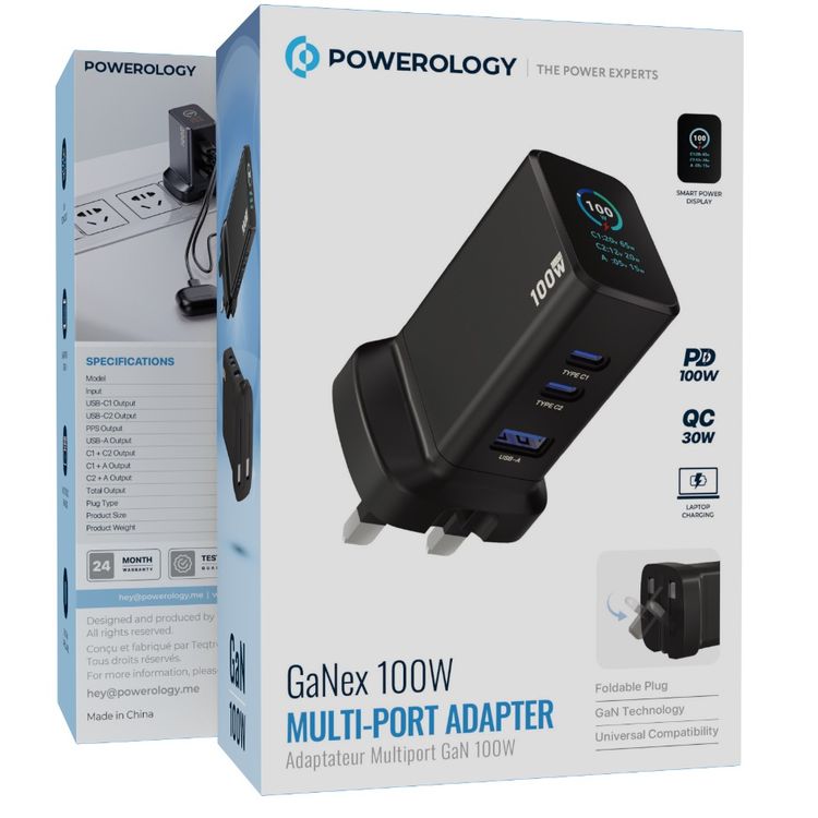 Powerology GaNex Multiple Ports Adapter with Foldable UK 3-Pin Plug, PD 100W, QC 30W, Laptop Charging, Smart Power Display, Single USB-A & 2× USB-C Ports, Universal Compatibility - Black