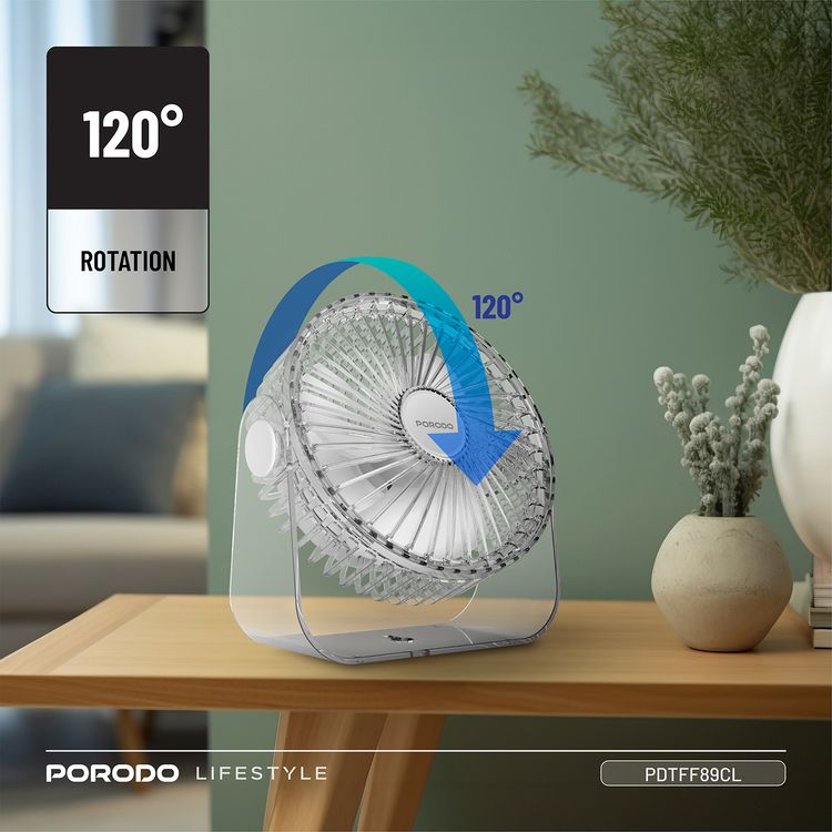 Porodo Portable Transparent Cooling Fan with Nightlight, 120° Oscillation, 3 Speed Levels, 3000mAh Battery Capacity, 3-9.5 Hours Working Time, 2.5 Hours Charging Time, ABS Material, Type-C Charging Interface, Whisper-Quiet Operation - Clear