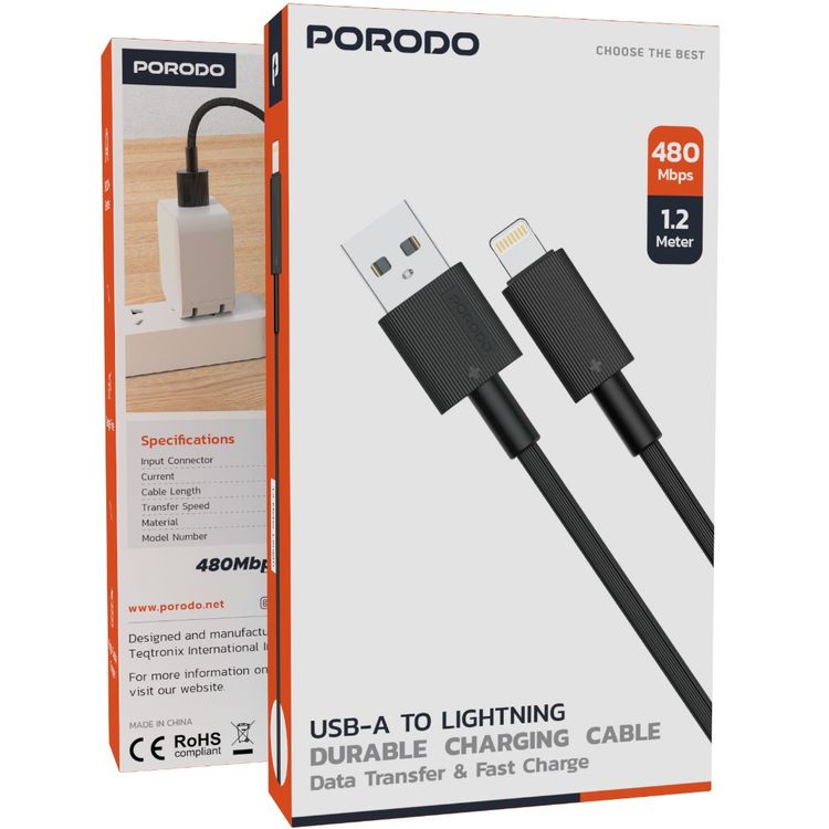 كابل Porodo USB A إلى Lightning PVC بسرعة نقل 480 ميجابت في الثانية، تيار 2.4 أمبير، عمر افتراضي لأكثر من 15000 انحناء، طول الكابل 1.2 متر، لا يتشابك - أسود