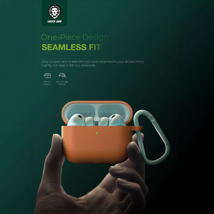 جراب سيليكون لسماعات AirPods Pro 3 من سلسلة Green Lion Berlin مع خطاف معدني قابل للحمل، حماية كاملة 360°، ملائم بدون فجوات، ملمس مريح للبشرة، تصميم قطعة واحدة، مقاوم للخدوش، مضاد للصدمات - لون برتقالي.