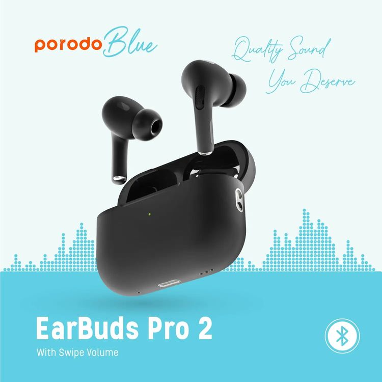 Porodo Blue Earbuds Pro 2 With Swipe Volume, 20 Hours Working Time, Wireless Charging, Deep Bass, Independent Earbuds, Touch Control - Black
