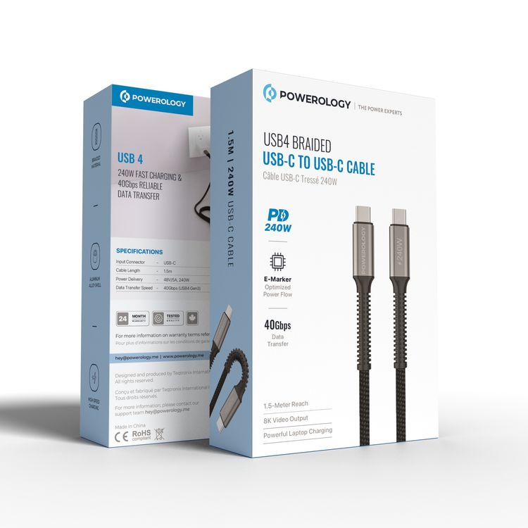 Powerology USB4 Braided USB-C to USB-C Cable, PD 240W, E-Marker Optimized Power Flow, 40Gbps Data Transfer, 1.5m Cable, Up to 8k Video Output, Powerful Laptop Charging, Aluminum Alloy Shell, High-Speed Charging Cable - Black