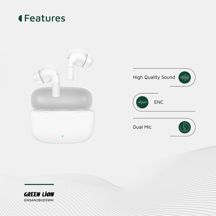 Green Lion Santorini 2 True Wireless Earbuds with Touch Controls, Up to 5 Hours Play Time, ABS Material, 2500 Hours Standby Time, 13mm Speaker Size, ENC Dual Microphones, High-Quality Sound, Voice Assistant - White