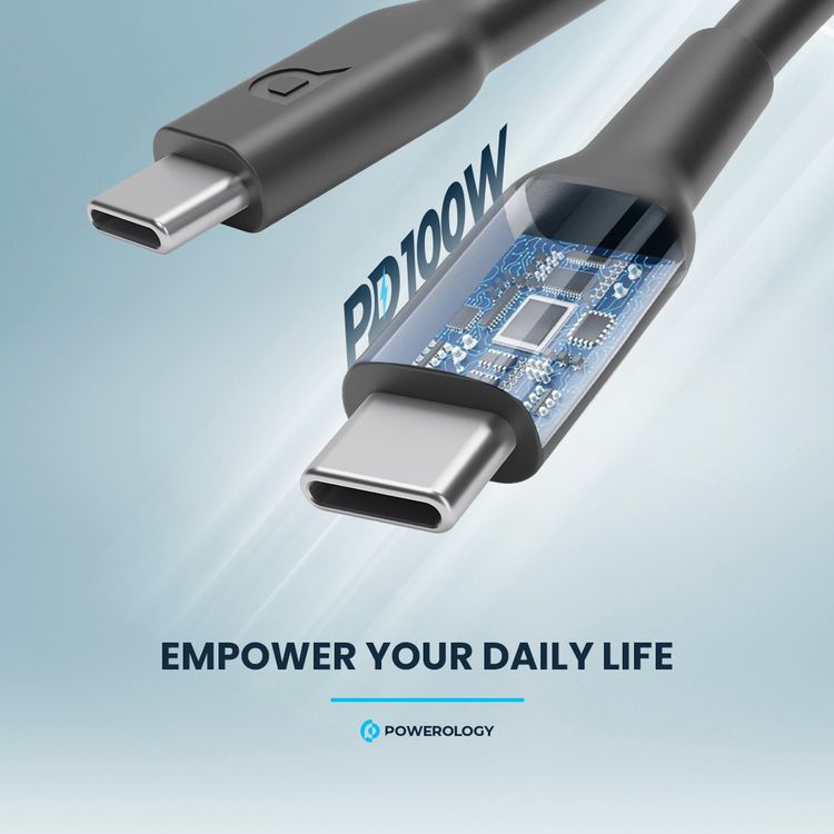 Powerology Type-C to Type-C Connector Cable PD 100W, Fast Data Sync & Charging, Universal Compatibility, 1.2m in Length, Overheat & Overcurrent Protection - Black