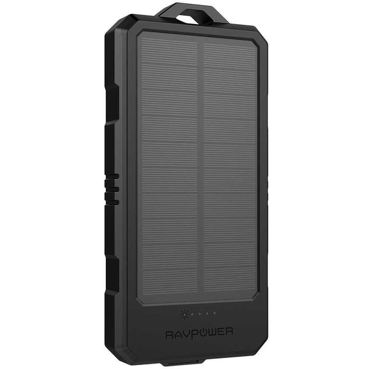 RAVPower Portable Solar Charger Powerbank 15000mAh w/ iSmart 2.1A Port - Built-in Flashlight - Solar & Micro-B Dual Input - IPX6 Splash/Dust/Shock-proof Design Powerbank - Black
