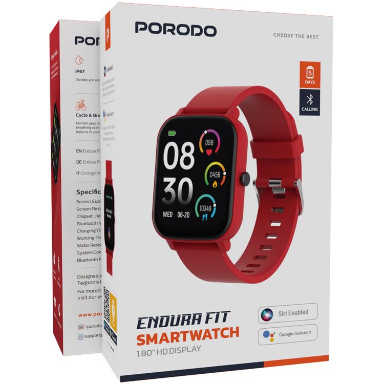 Porodo Endura Fit Smart Watch with 1.80" HD Display, +130 Sport Modes, Weather Forecast, Sleep Analysis, 2.5 Hours Charging Time, Up to 5 Days Working Time, Android 8.0 Above & iOS 12 Above Compatibility - Red