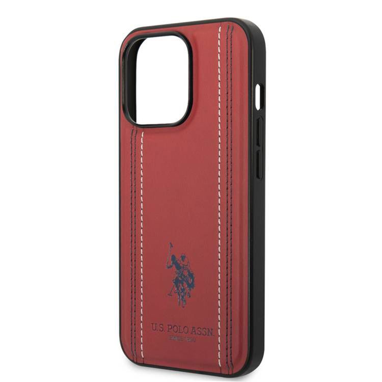USPA PU Leather Case with Stitched Lines Double Line & Horse Logo iPhone 14 Pro Max Compatibility - Red