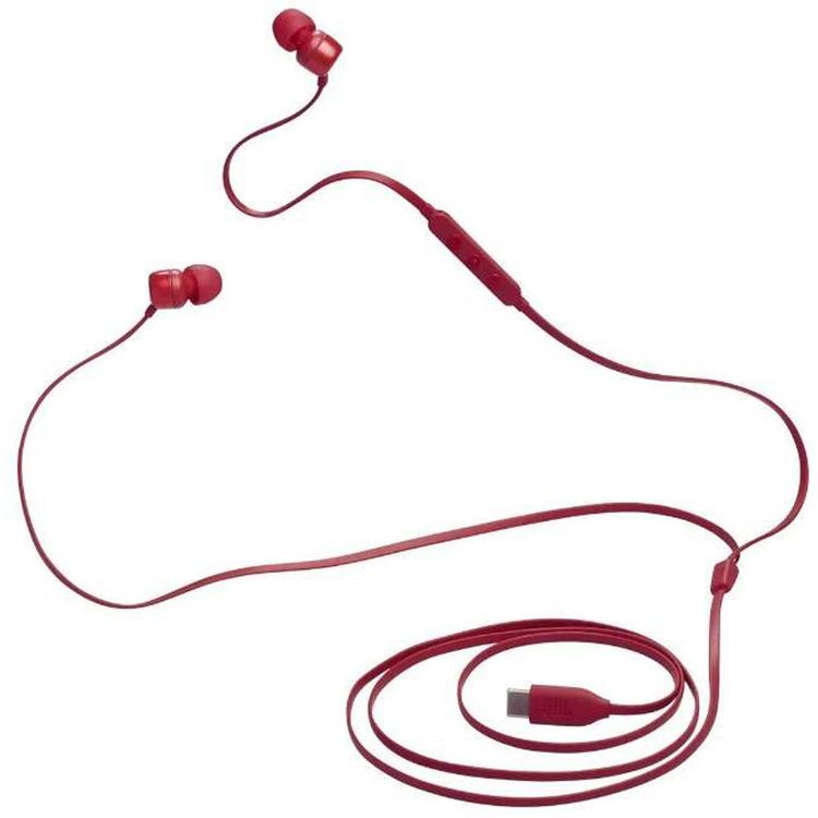 JBL T310C USB-C Wired Earphones, High Resolution Audio, Tangle-Free Flat Cable, Digital to Analog Converter, Compatible with PCs/Mobiles/Gaming Consoles, Pure Bass Sound - Red 