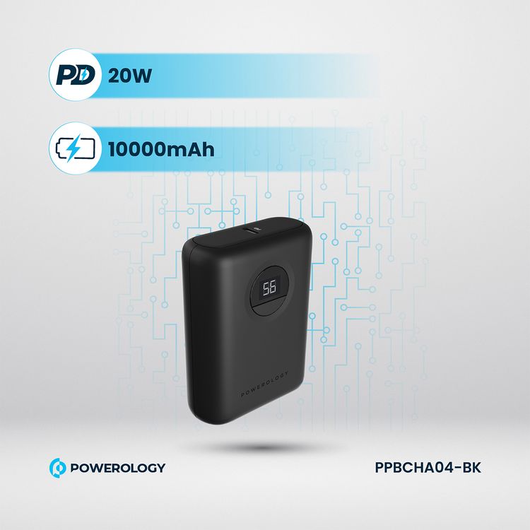 Powerology Ultra-Compact PD 10000mAh Power Bank with Digital Display, 20W Power Delivery, USB-A QC 18W, 0%-60% Charge in 35 Minutes, PowerDash 3.0, Lithium-ion Battery, Lightweight & Compact - Black