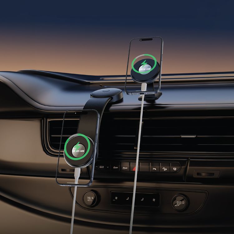 Green Lion 2in1 Magflex Wireless Car Charger, Fast Charge, MagSafe Compatible, Strong 3M Glue, Easy Installation, Power Delivery Up to 15W, Type-C Connector Port,  360° Rotation - Black