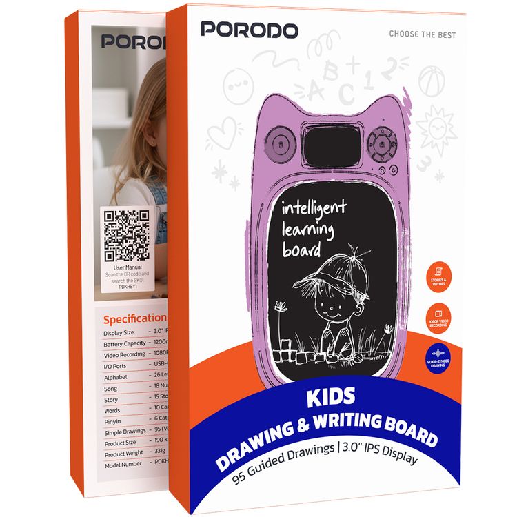 Porodo Kids Drawing & Writing with Board 95 Guided Drawings, 3.0" IPS Display, 1080P Video Recording, 1200mAh Battery Capacity - Purple