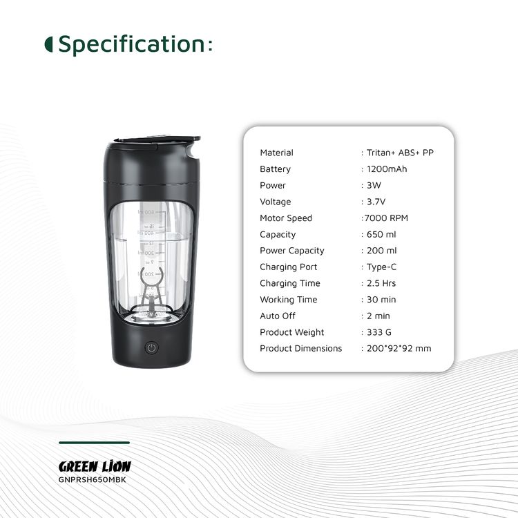 Green Lion Protein Mixer with 650mL Capacity, 1200mAh Battery Capacity, Tritan + ABS + PP Material, Type-C Charging Port,  2.5 Hours Charging Time, 30 Minutes Working Time - Black