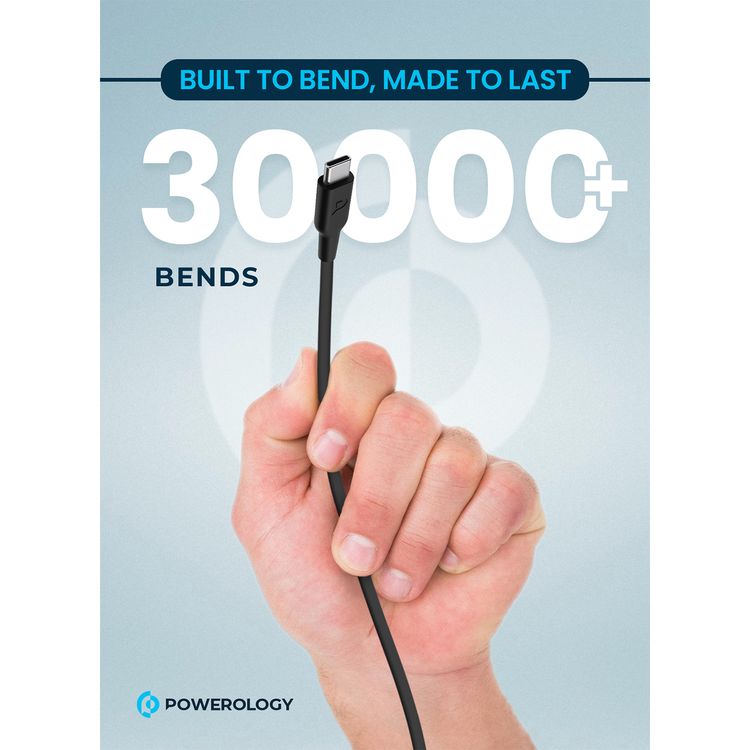 Powerology Type-C to Type-C PD Cable, Fast Data Sync & Charging, Fire Resistant TPE Material, Super Durable, 2m in Length, Overheat & Overcurrent Protection - Black