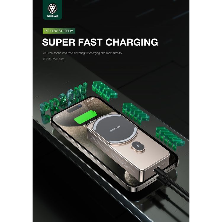 بنك طاقة ميلتون بسعة 10000 مللي أمبير في الساعة من Green Lion، متوافق مع MagSafe، شحن لاسلكي بقدرة 15 وات، مؤشر شحن LED، بطارية كوبالت نقية، مغناطيس قوي، واجهة إدخال من النوع C - تيتانيوم