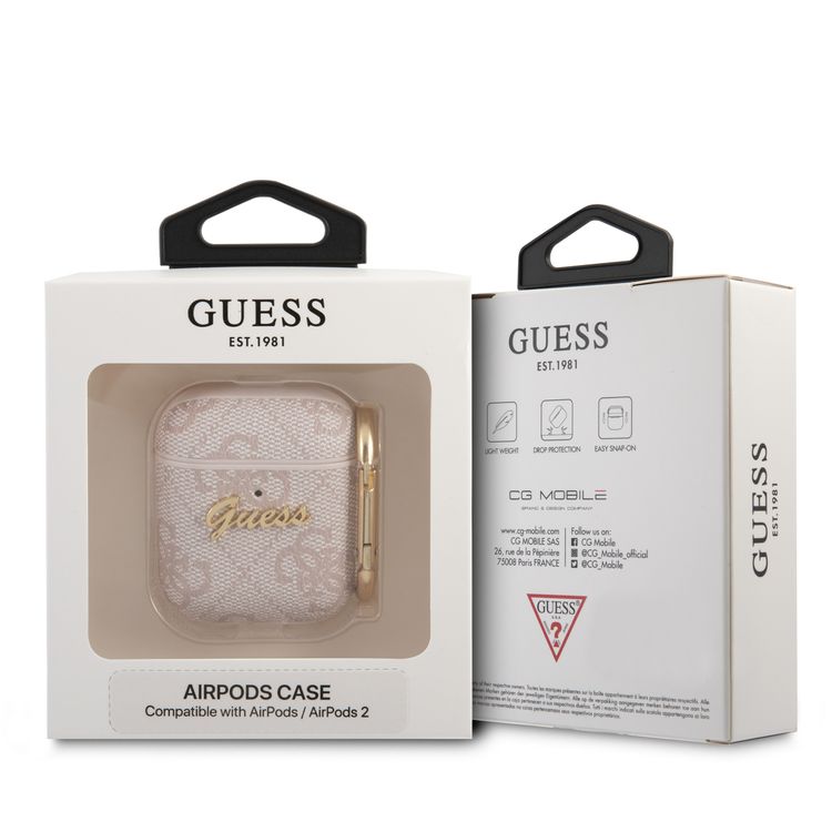 جراب سي جي موبايل من غيس من مادة بولي اليوريثان 4جي مع شعار سكريبت معدني لأجهزة ايربودز 1/2 مقاوم للخدش وغطاء ممتص للصدمات وحماية من السقوط مرخص رسميًا - وردي