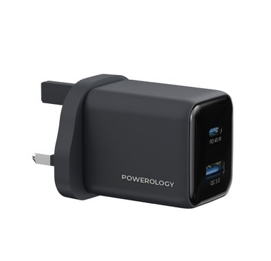 Powerology Volt-X 45W Dual-Port GaN Wall Charger, Fast Charging Speed, USB-A & USB-C Output, Wide Compatibility, Compact Travel Size, Universal Protocol Support - Black