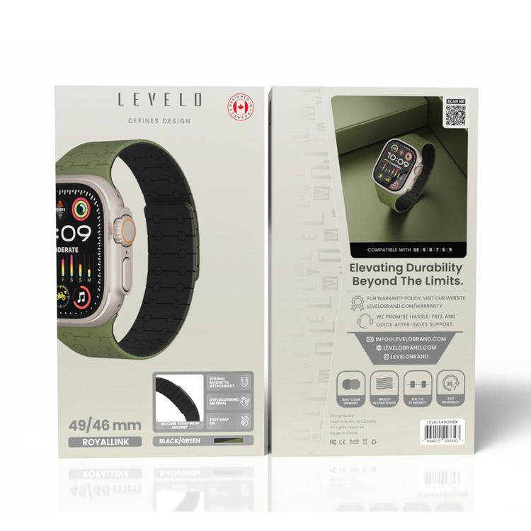 سوار سيليكون Levelo Royallink مزدوج اللون لساعة Apple مقاس 49/46 ملم، مصنوع من مادة مضادة للحساسية، يحتوي على 32 مغناطيس مدمج، مقاوم للماء والعرق، نظام تثبيت مغناطيسي قوي، سهل التركيب - أخضر / أسود.
