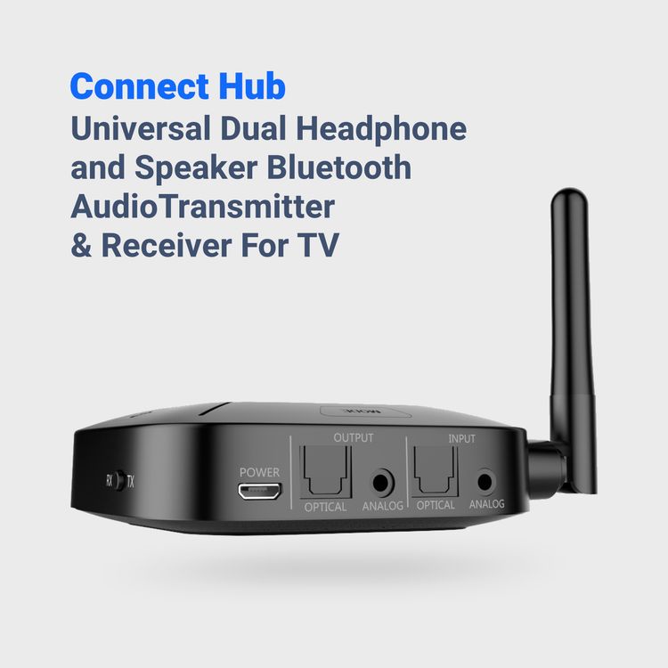 MEE audio - Connect Hub, Bluetooth Audio Transmitter and Receiver, Dual Bluetooth Connection, Conect Two Devices Simaltaneously, Long Range up to 30m, Easy - Voice Assisted Set-Up with aptX LL/HD (Black)