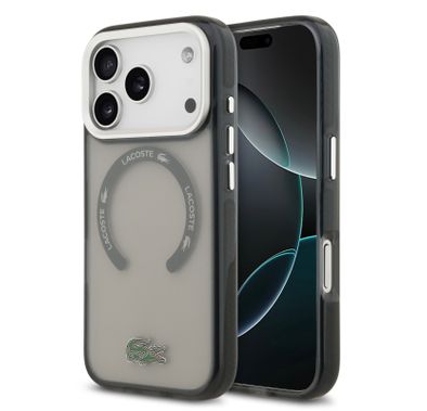 جراب لاكوست MagSafe شفاف مصنوع من TPU و PC مع لمسة نهائية بلورية لهاتف iPhone 17 Pro، حماية من السقوط، تصميم نحيف، تغليف مستدام، تصميم سهل التركيب - رمادي