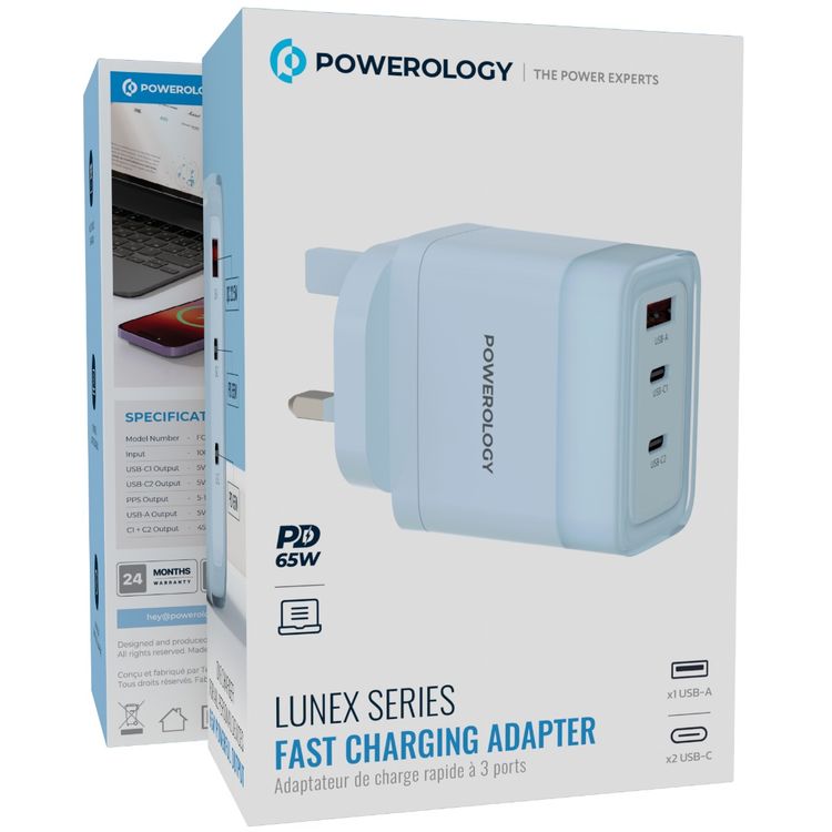 Powerology Lunex Series 3-Port Fast Charging Adapter with UK 3-Pin Power Plug, 65W PD USB-C Output, 22.5W QC USB-A Output, Multi-Device Charging, Powerful Laptop Charging, Universal Protocol Support - Blue