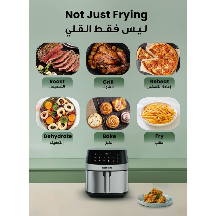 Green Lion Deluxe Air Fryer with LED Touch Screen, 8L Capacity, Up to 60 Minutes Frying Time, 10 Preset Programs, Rapid Air Circulation, 2200W Power, Non-Stick Coating - Black