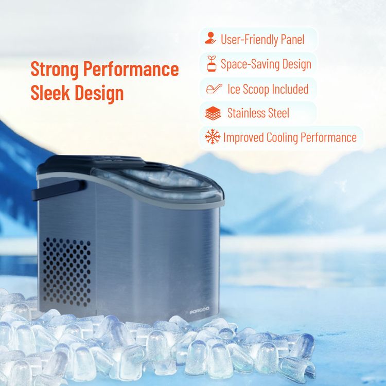 صانع الثلج الفوري بورودو لايفستايل بغطاء شفاف، إنتاج سريع للثلج، تصميم موفر للمساحة، لوحة تحكم سهلة الاستخدام، 12 كجم من الثلج في 24 ساعة، يتضمن ملعقة ثلج، سعة 0.6 كجم من الثلج - لون فضي
