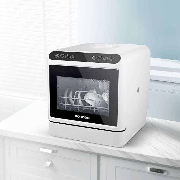 Porodo Lifestyle Counter-Top Dishwasher 220V, 5L Water Tank Capacity, 25L Space Capacity, Hot Air Drying, Hygienic Cleaning Power, UV Sterilization - White