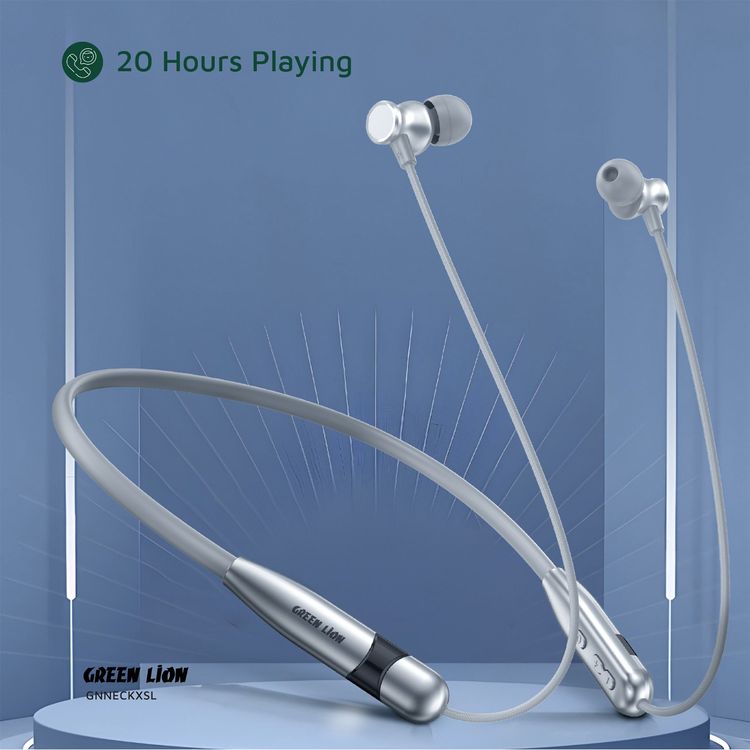 Green Lion Neck X Wireless Neckband with Magnetic Control, Comfortable to Wear, IPX3 Water Resistance Level, Type-C Charging Port - Silver