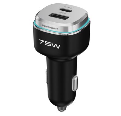 Powerology 75W Dual-Port High-Power Car Charger, USB-C & USB-A Ports, 75W Total Output, 45W Power Delivery, LED Ambient Light, Fast Charge, Zinc Alloy - Black / Silver