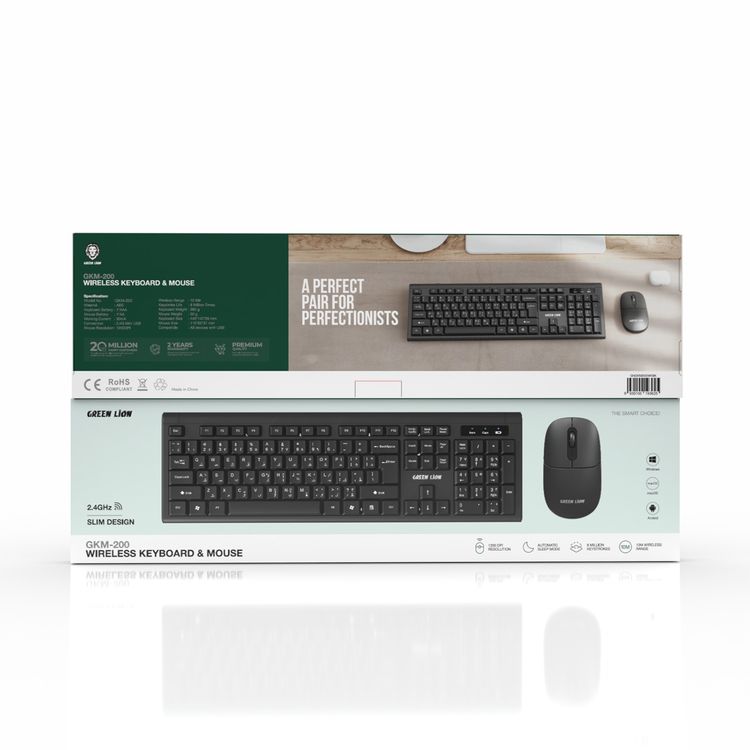 Green Lion GKM-200 Wireless Keyboard and Mouse, Slim & Compact Design, Automatic Sleep Mode, Wide Compatibility, 10m Wireless Range - Black