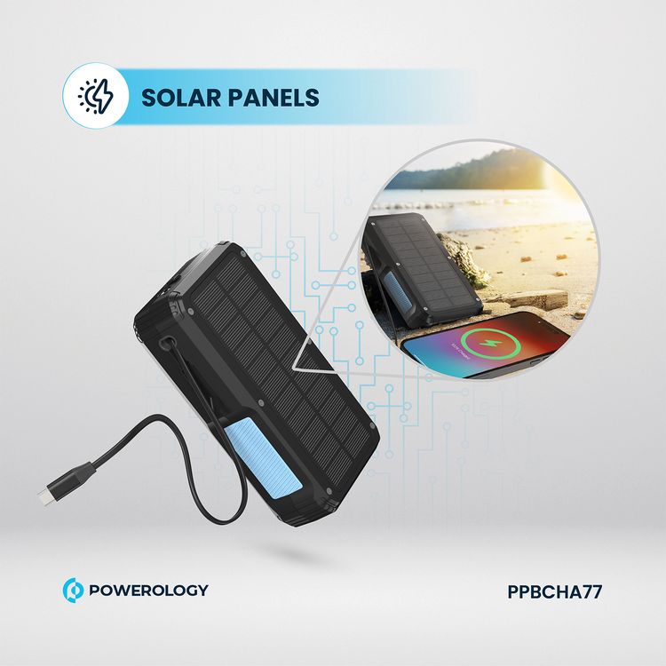 Powerology 27000mAh Solar Wireless Charging Power Bank with Simultaneous Charging, Multi-Mode Flashlight, 0% - 65% Charging in 35 Minutes, 70mm Cable Length - Black