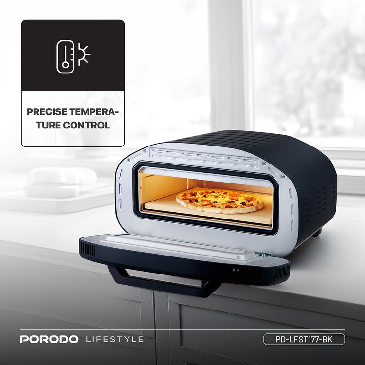 Porodo 12" Indoor Electric Pizza Maker with 7 Preset Programs, 80-430°C Temperature Control, 2200W Rated Power, Up to 60 Minutes Timer, Digital Display, Interior Lighting - Black
