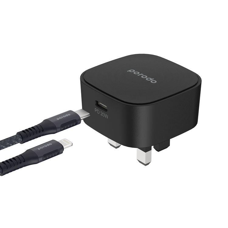 Porodo Super-Compact Fast Charger with Type-C to Lightning Cable, 20W USB-C Power Delivery, Overcurrent Protection, UK 3-Pin Plug, Fire Retardant Material, 0%-60% Charge in 30 Minutes - Black
