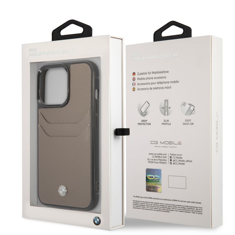 BMW Signature Collection Genuine Leather Case With Cardslot Embossed Pattern - iPhone 14 Pro Max - Taupe