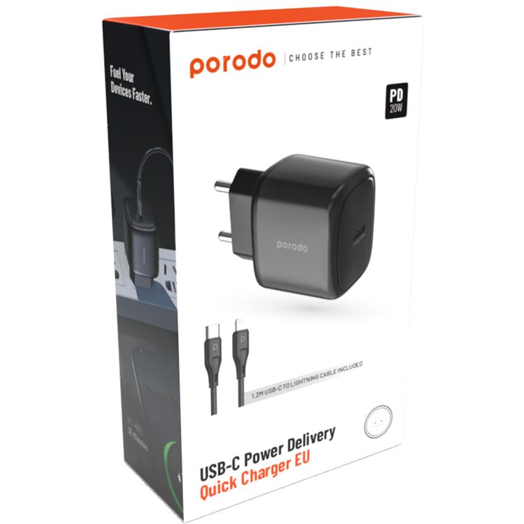 Porodo EU Quick Charger with 1.2m USB-C to Lightning Cable, 20W Power Delivery, Overheat Protection, Simultaneous Charging, 0%-60% Charge in 35 Minutes - Black