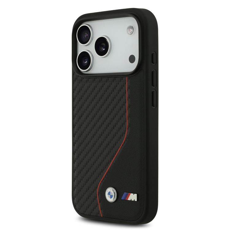 BMW PU Leather & Carbon Case with Colored Line Stitch for iPhone 17 Pro Max, Drop Protection, MagSafe Compatible, Sustainable Packaging, Easy Snap-On Design, Slim Profile - Black / Red