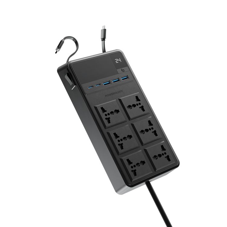 Powerology 2500W Power Strip with 6 AC Sockets & Built-in Retractable Cables, 5 USB Ports, USB-C & Lightning Outputs, Built-in Safeguards, Fire-Proof Material, 24H Timer, Simultaneous Charging, 70cm Cables Length & 3m Power Cord Length - Black