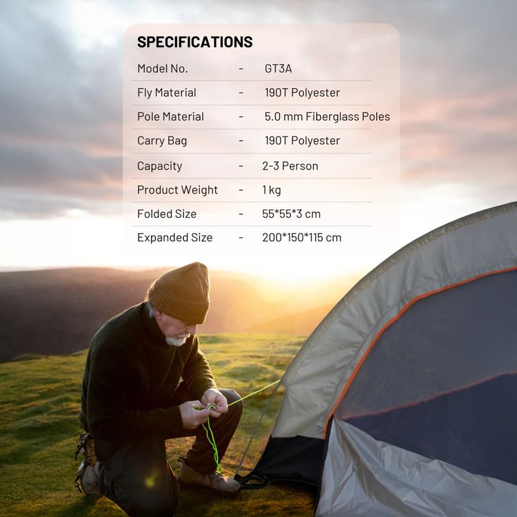 خيمة التخييم جرين ليون GT3-PLUS، تصميم مدمج وقابل للطي، سعة 2-3 أشخاص، حبل مقاوم للرياح، حماية من الأشعة فوق البنفسجية، شبكة تهوية.