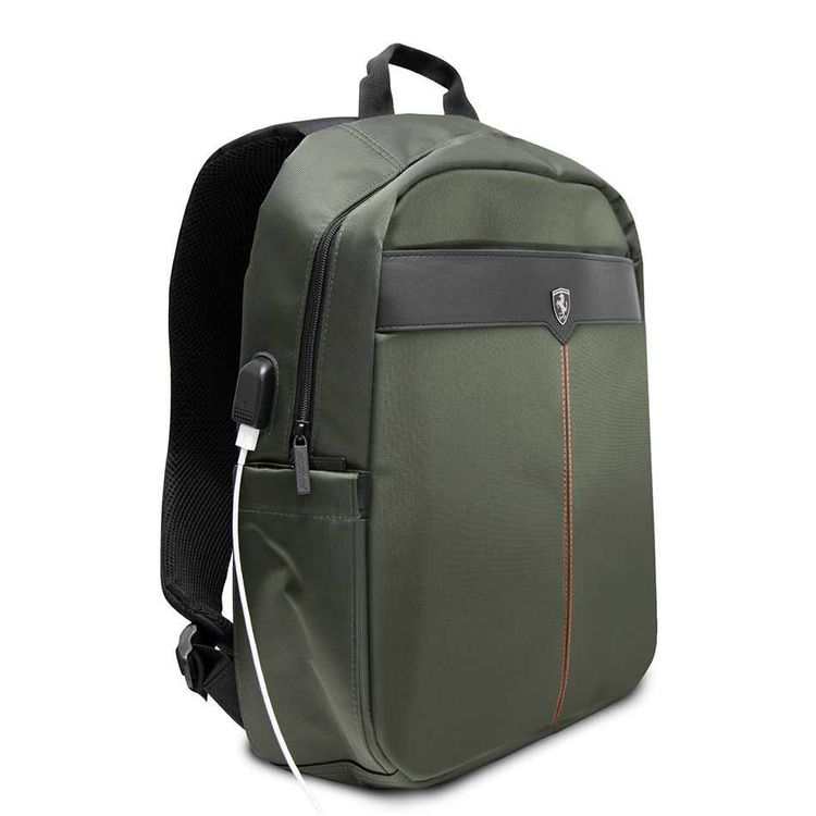 Ferrari Nylon 15" Backpack with Metal Logo Off Track, Charging Port, Adjustable Shoulder Strap, Multiple Pockets, Water Resistant - Kaki