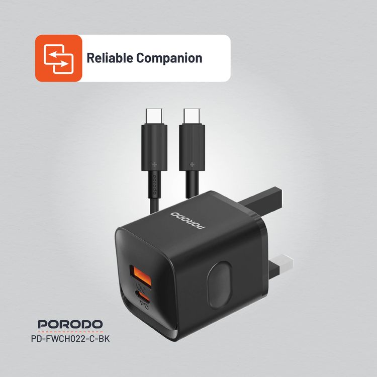 شاحن حائط ثنائي المنفذ من Porodo في المملكة المتحدة مع كابل USB-C إلى USB-C، PD 20 وات، QC 20 وات، حماية من الحرارة الزائدة، طول الكابل 1.2