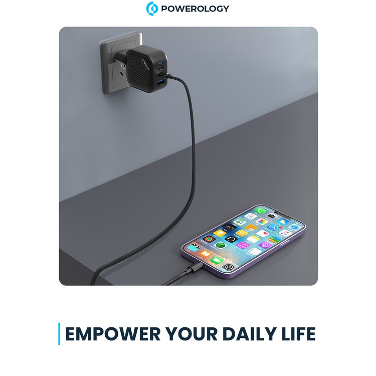 Powerology GaN Ultimate EU Dual PD Charger with 65W Power Delivery, 0%-60% Charge in 35 Minutes, 36W USB-A Output, Simultaneous Charging, Built-in Safeguards - Black