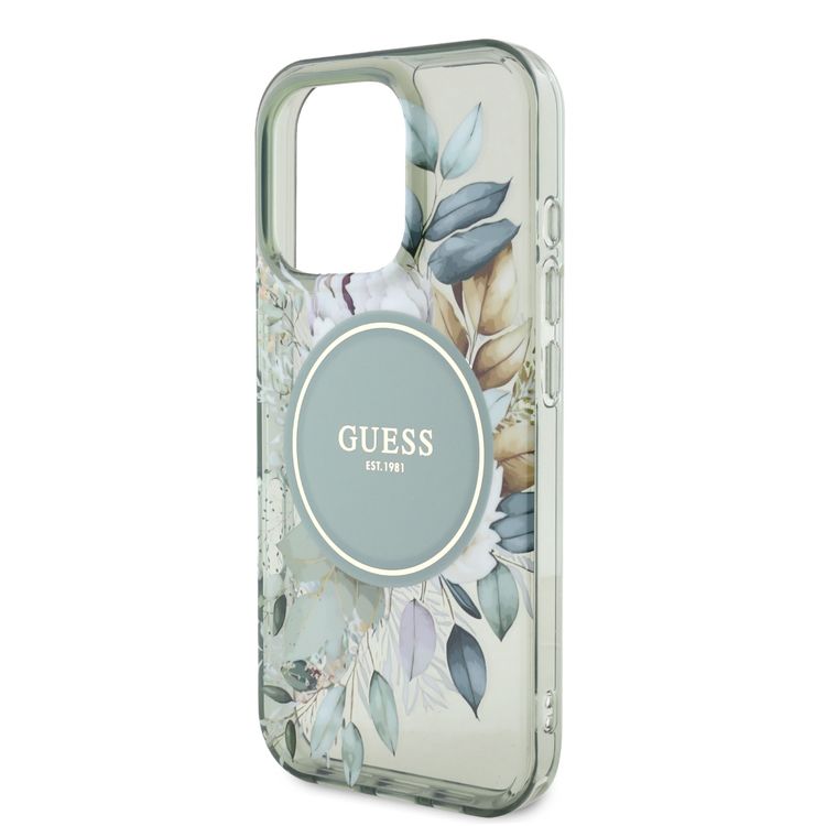 Guess Magsafe IML Transparent Hard Case with Flower Design & Tonal Circle Logo for iPhone 16 Pro Max, Lightweight, High Quality Material - Green