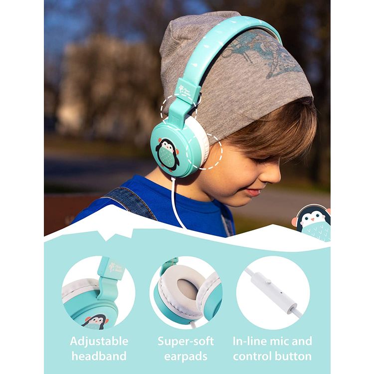 Planet Buddies Kids Wired Headphones with 85 dB Volume Limited, Plug and Play, Lightweight and Comfortable Design, 40 mm Driver Size, Adjustable Headband Suitable for Children (Penguin) - Light Blue