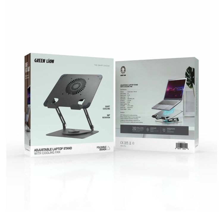 Green Lion Adjustable Laptop Stand with Cooling Fan, 8kg Weight Capacity, Widely Compatible Design to Fit Various Laptop Sizes - Black