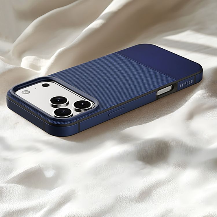 Levelo Cuir Leather Hybrid Case with Comfortable Grip for iPhone 17 Pro Max, Strong Magnets & MagSafe Compatible, Shock-Resistant Bumper, Aluminum Alloy Frame for Camera & Buttons, Drop-Tested - Midnight Blue