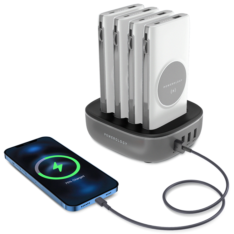 Powerology 4-in-1 10000mAh Power Bank Station with Built-in Lightning/Type-C Cable, 20W Power Delivery, 15W Maximum Wireless Output, UK 3-Pin Power Plug - White