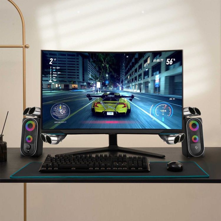 Porodo Gaming Stereo Speakers with RGB Light Effects, USB-A & 3.5mm Plugs, Volume Control Knob, 10W RMS Output, 1.2m Cable Length, Lightning Touch Sensor - Black