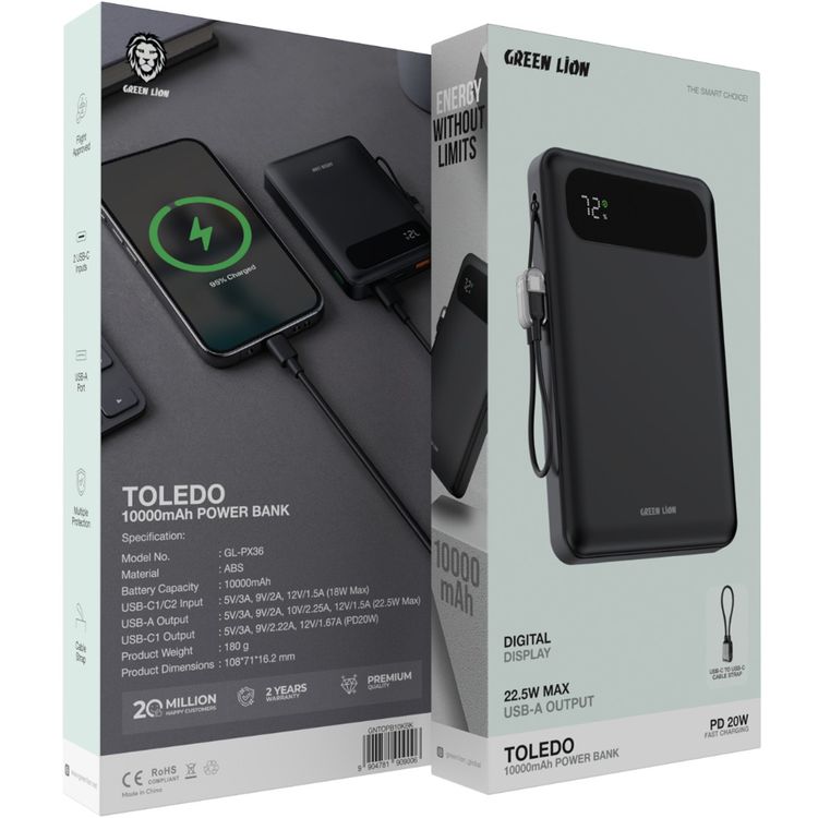 Green Lion Toledo 10000mAh Power Bank with 20W PD Fast Charging, USB-C to USB-C Cable Strap, USB-A & USB-C Outputs, Flight Approved, Digital Display, Fast Charging - Black