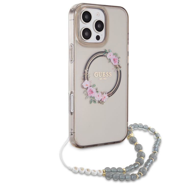 Guess Magsafe IML Hard Case for iPhone 16 Pro with Flower Wreath Design & Pearl Strap, Lightweight, Comfortable Grip, Drop Protection -Black 